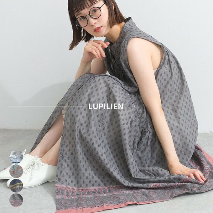 日本 Lupilien - 100%印度棉 清新印花柔軟洋裝-圖騰-炭灰