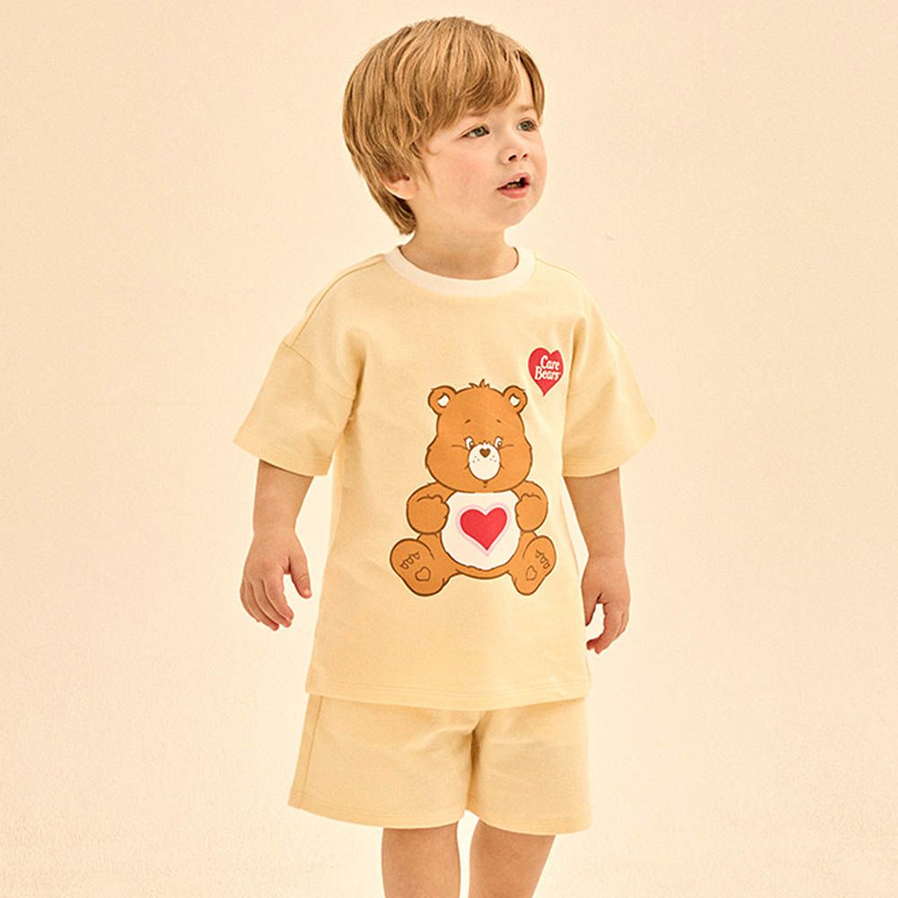 聯名款大熊熊印短袖套裝-愛心棕熊-淺黃