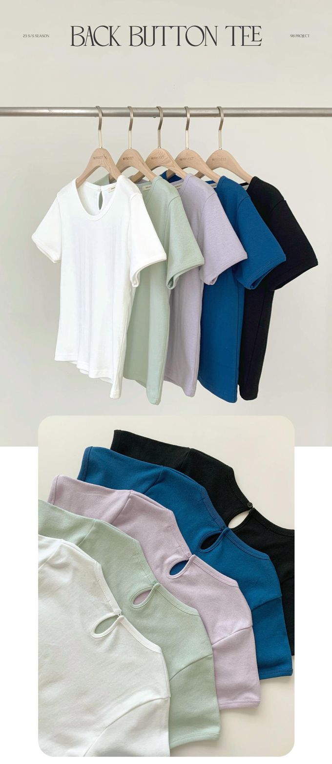 韓國 98doci - 好搭圓領修身後扣短袖上衣-象牙白