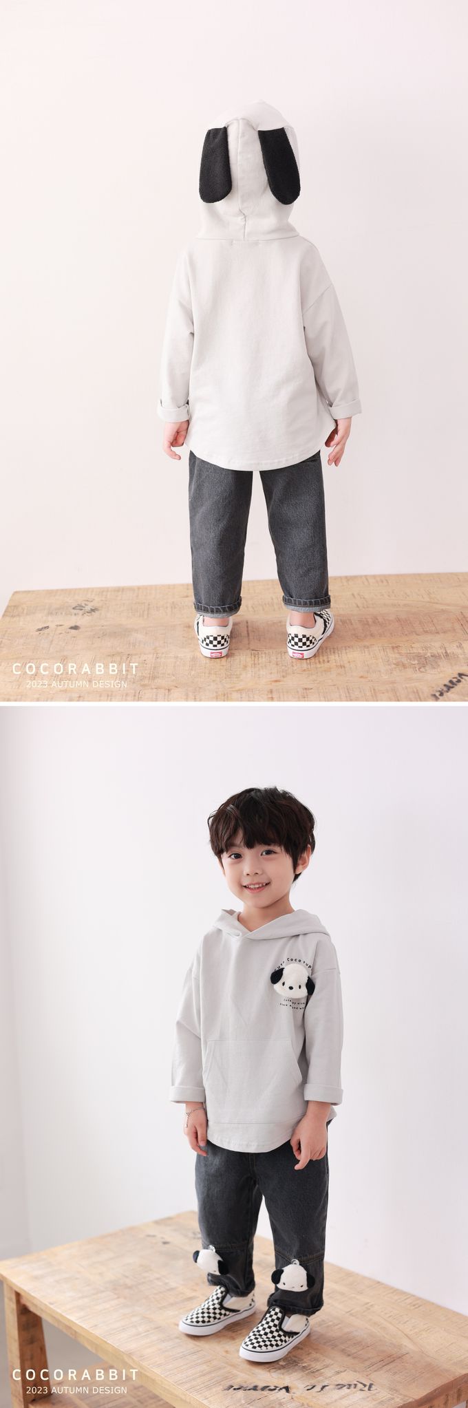 韓國 Coco rabbit - 小白狗耳朵裝飾連帽上衣-淺灰