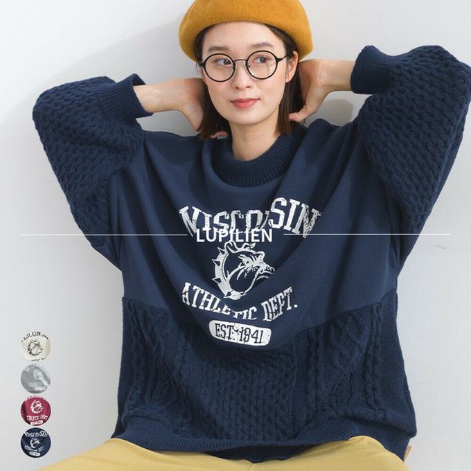 日本 Lupilien - 鬥牛犬印花粗針織拼接裏毛長袖上衣-酒紅