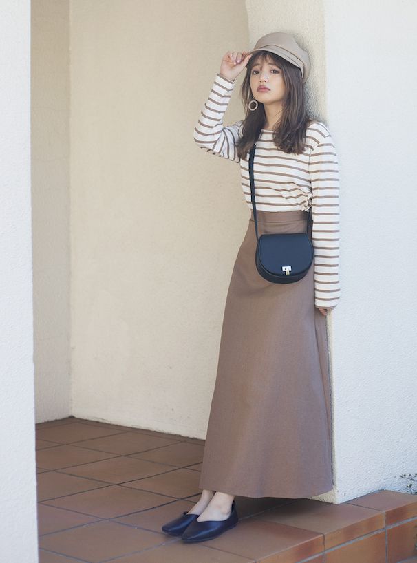 日本 GRL - 顯瘦剪裁圓領薄長袖上衣-條紋-粉紫x白 (F)