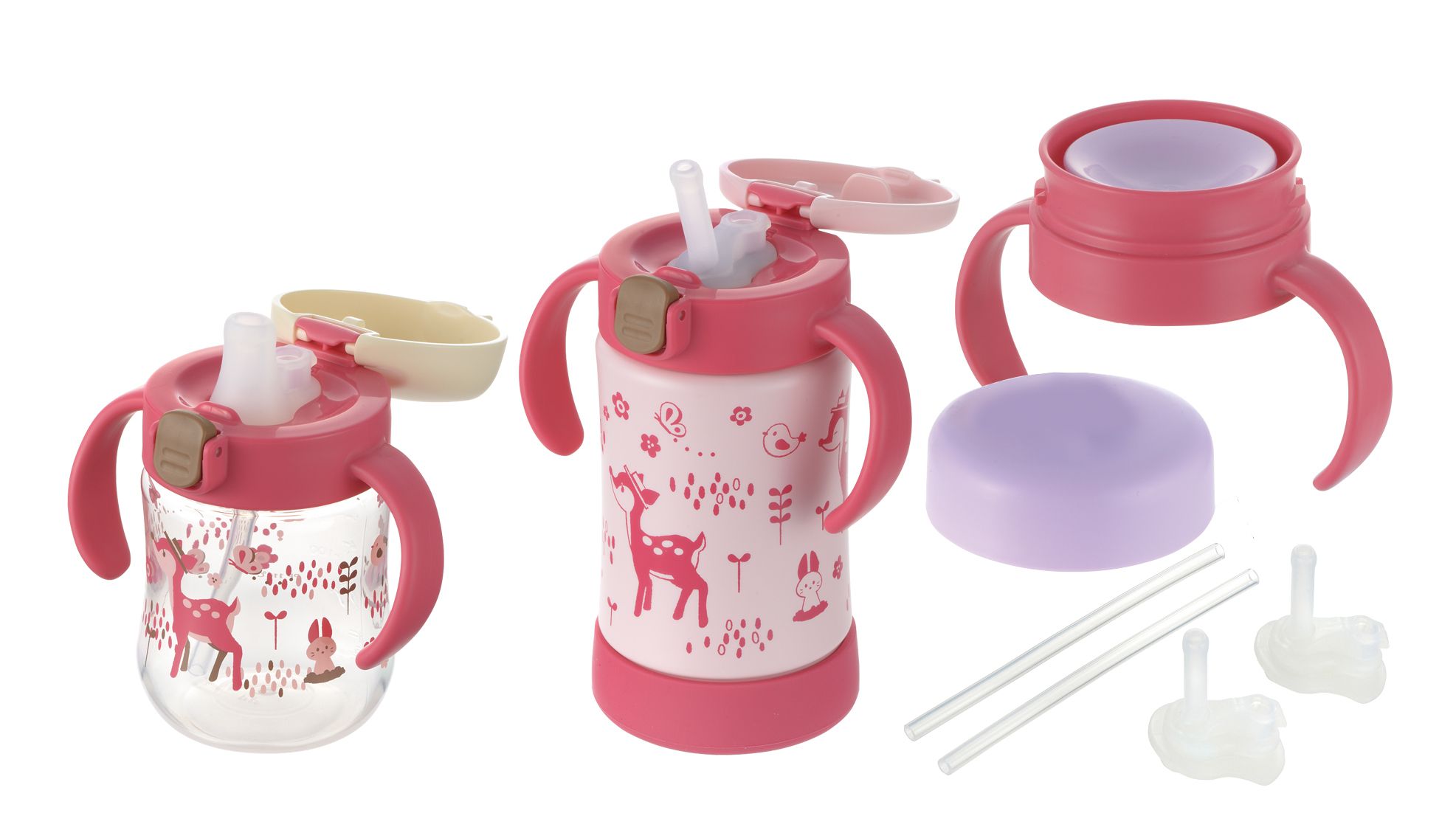 日本 Richell 利其爾 - 花間鹿三階段不鏽鋼水杯禮盒組-吸管配件X2組、360度直飲上蓋(含墊圈)、鴨嘴吸管杯、不鏽鋼吸管杯-紅/粉-8個月適用