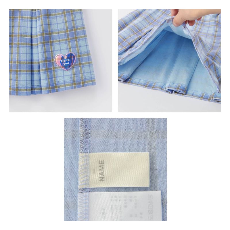 日本 Papel lapiz - 愛心徽章格紋百摺短裙-水藍