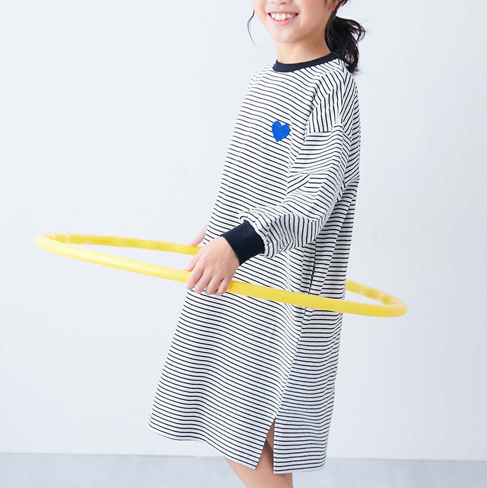 活力愛心條紋百搭長袖洋裝-黑x白