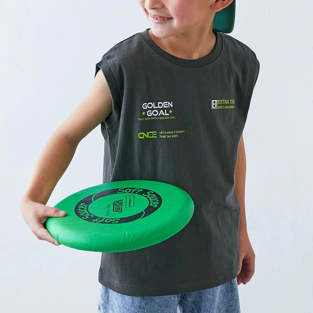 100%棉 定番印花寬版無袖上衣-小字logo-灰黑