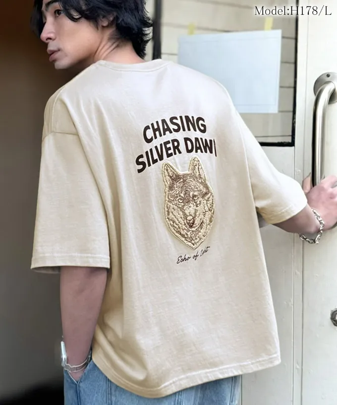 日本 Classical Elf - Java 主角級動物刺繡寬版短袖T恤(男女兼用)-貓-淺灰