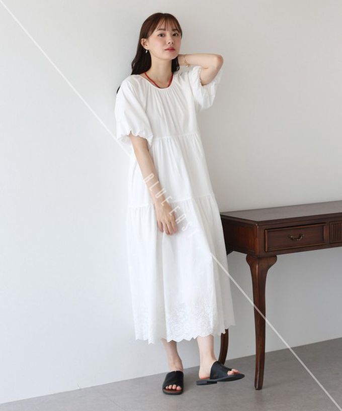 日本 BLUE EAST - 100%棉 下擺精緻蕾絲泡泡短袖洋裝-白