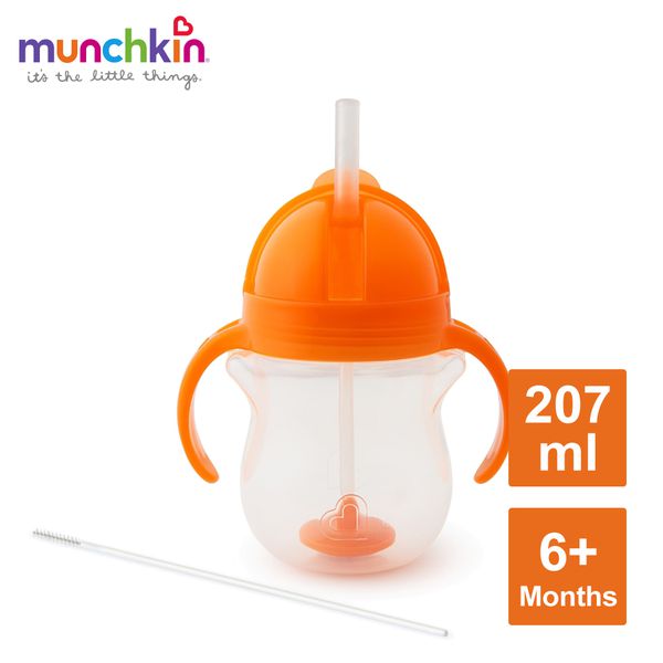 美國 munchkin - A+B超值組：貼心鎖滑蓋防漏杯(360度吸管)207ml(橘) + 吸管配件清潔刷組