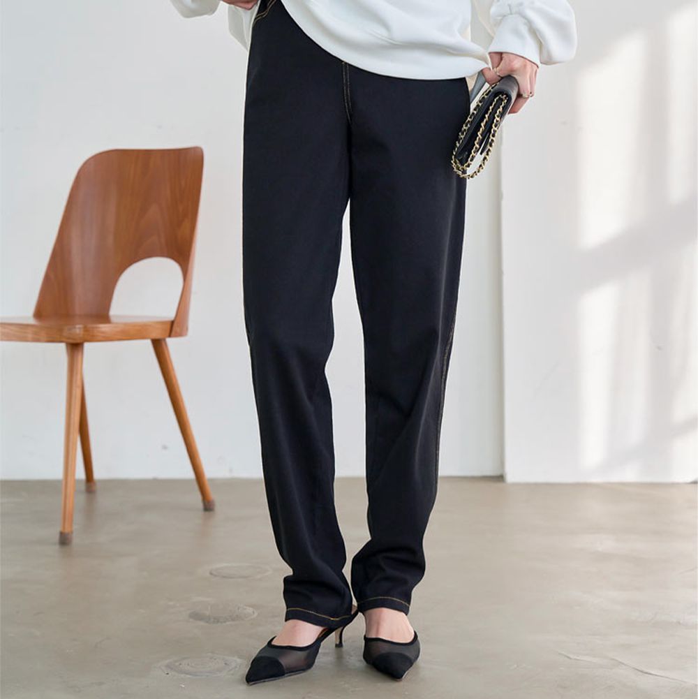 素肌感覺 全腰鬆緊彈性直筒丹寧褲-(可選長度)-黑