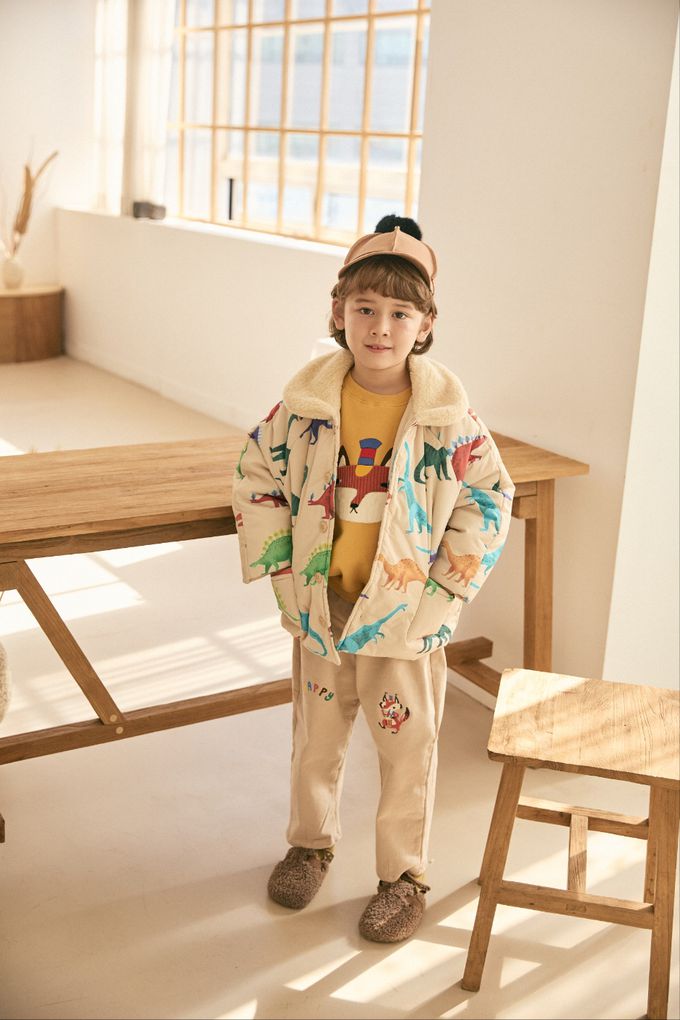 韓國 Mimico - (內磨毛)鬆緊腰動物印長褲-狐狸-淺卡其