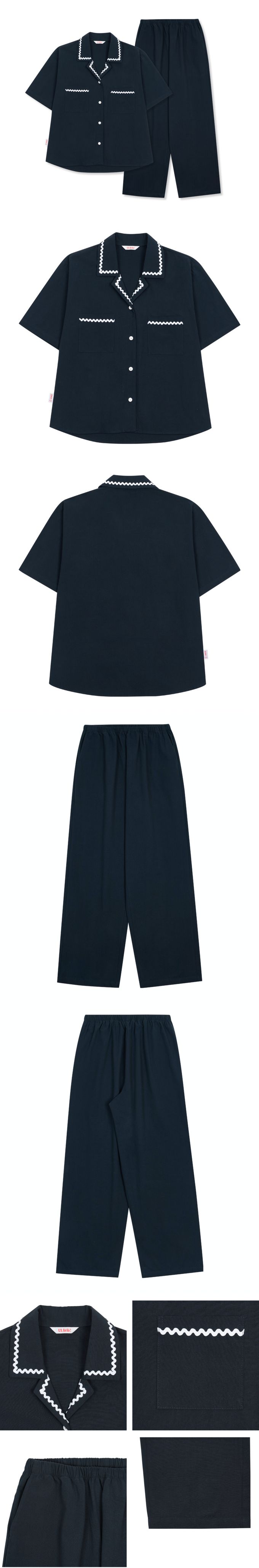 韓國 ULLALA - (情侶款)經典純色短袖長褲睡衣套裝-女款-深藍 (FREE)