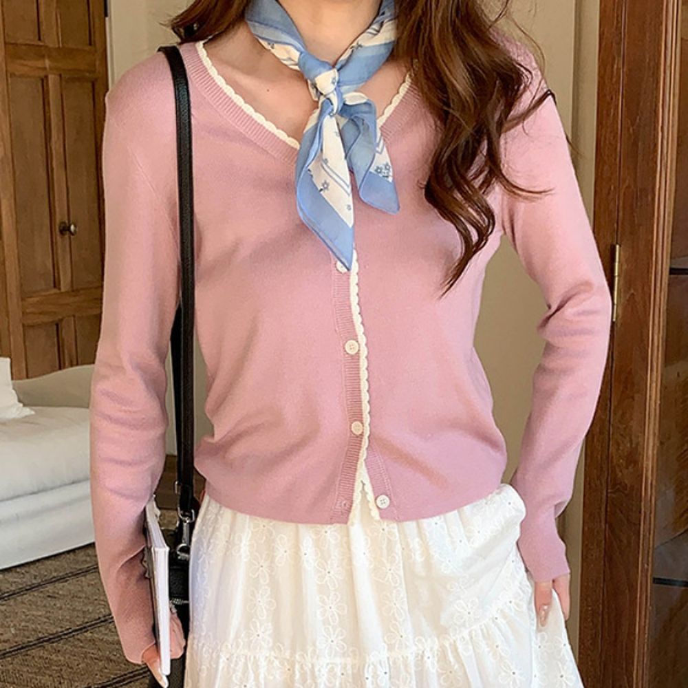 撞色鈎花顯瘦V領長袖針織外套-粉紫 (F)