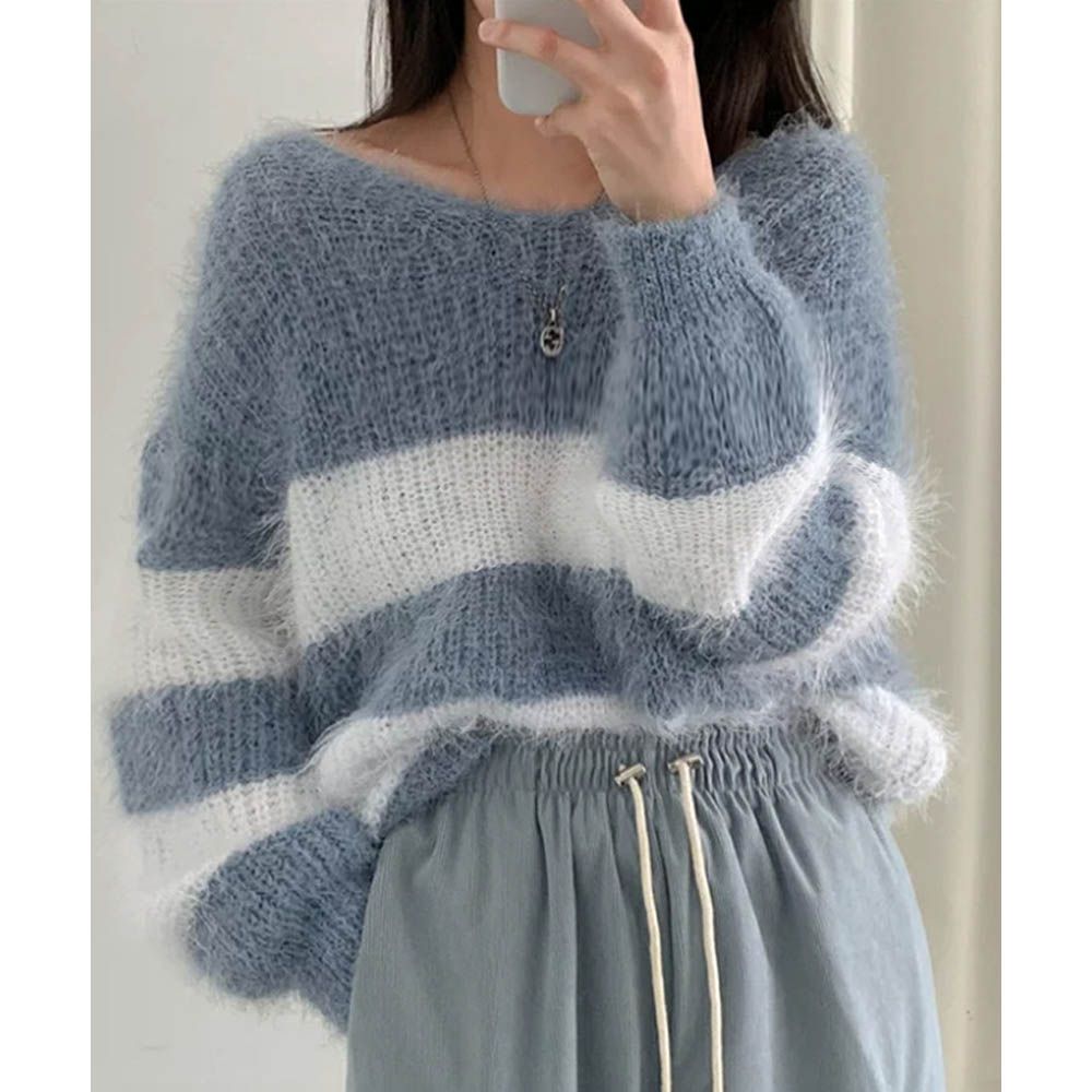 前後穿橫紋澎澎毛絨短版針織上衣-水藍 (F)