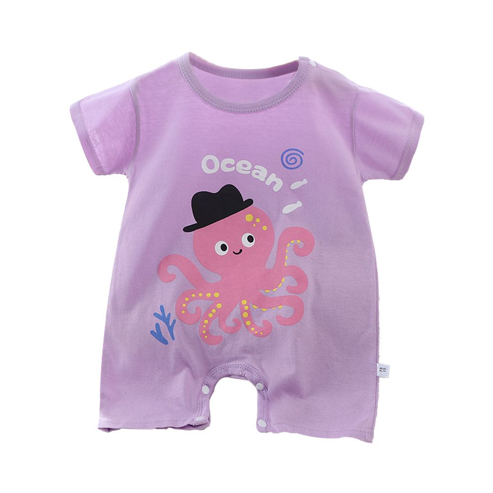 短袖包屁衣 薄款夏季連身衣 嬰兒服 短袖童裝 外出包屁衣-紫底章魚