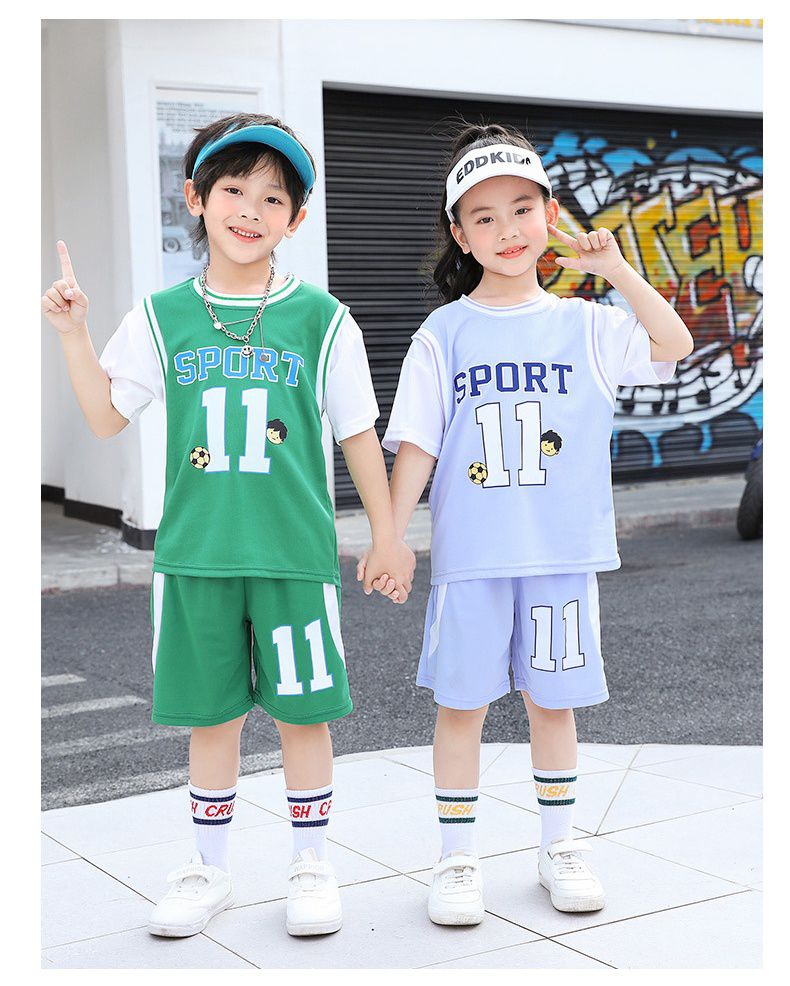 假兩件兒童速乾短袖運動套裝-數字11-綠色