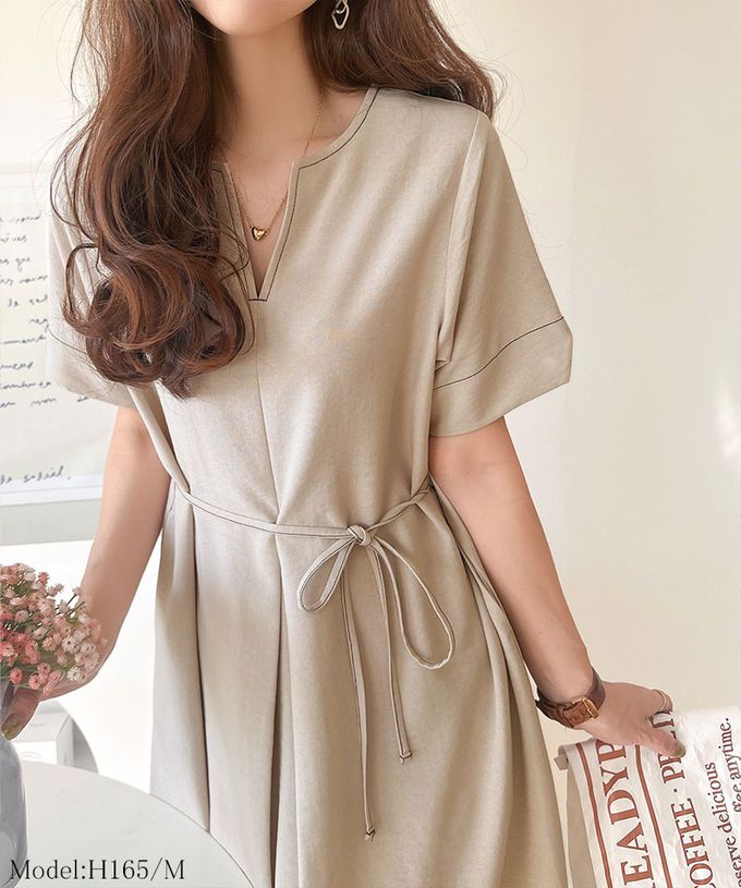 日本 Classical Elf - 鑰匙領綁帶休閒感縫線短袖洋裝-黑