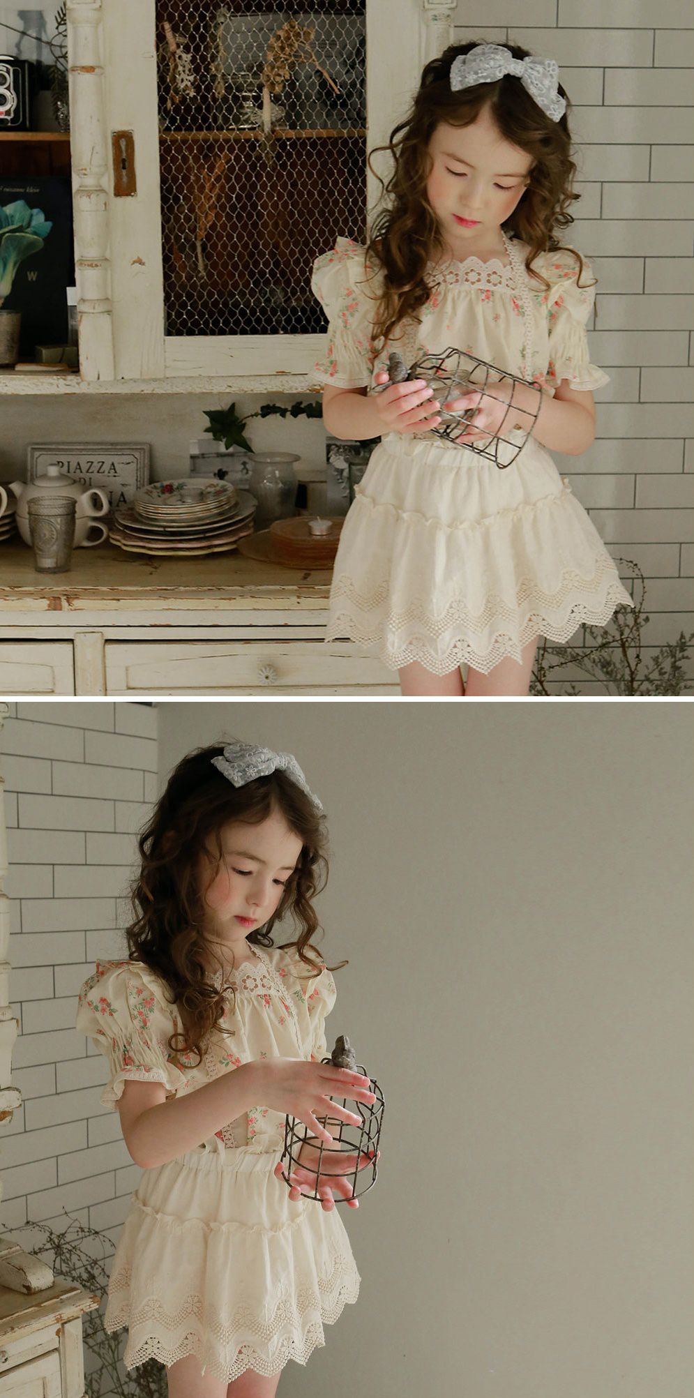 韓國 PuellaFLO - 鋸齒狀鏤空蕾絲綁帶吊帶裙-米白