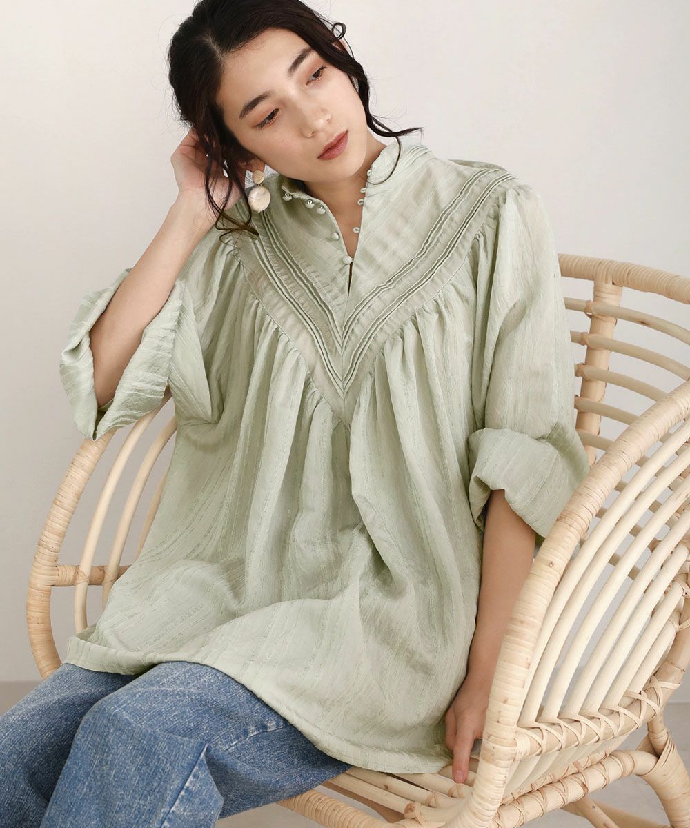 日本 Bou Jeloud - 小高領抓皺寬鬆前後2way長袖上衣-藍