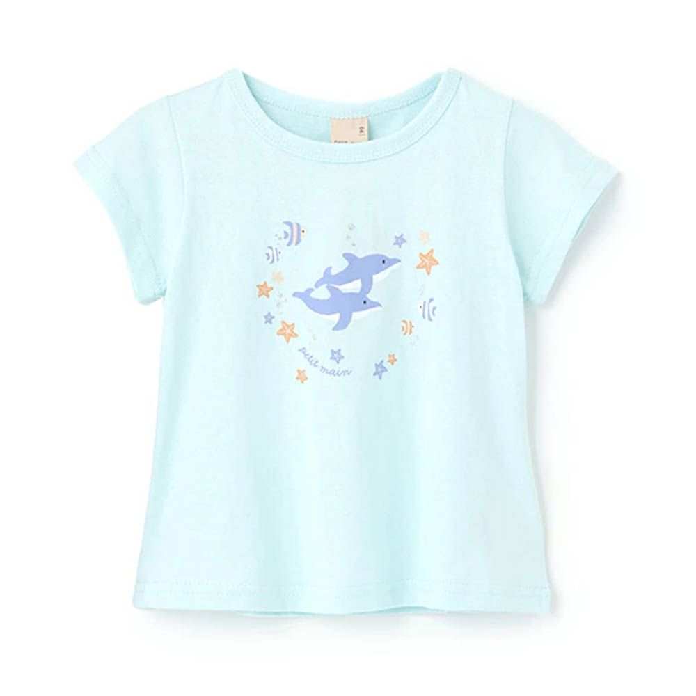 可愛荷葉袖短袖上衣-海豚-水藍