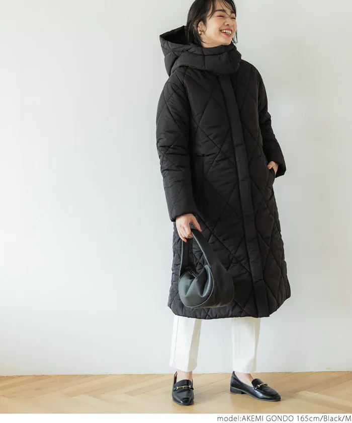 日本 COCA - 俐落長版絎縫鋪棉保暖外套(帽可拆)-咖啡