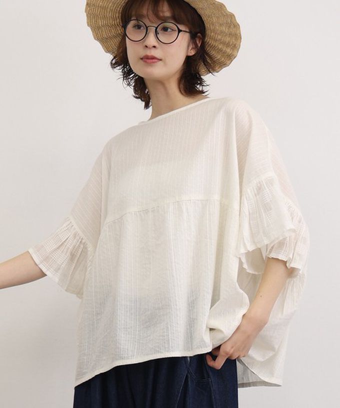 日本 Lupilien - 印度棉 緹花拼接感喇叭短袖上衣-藍紫