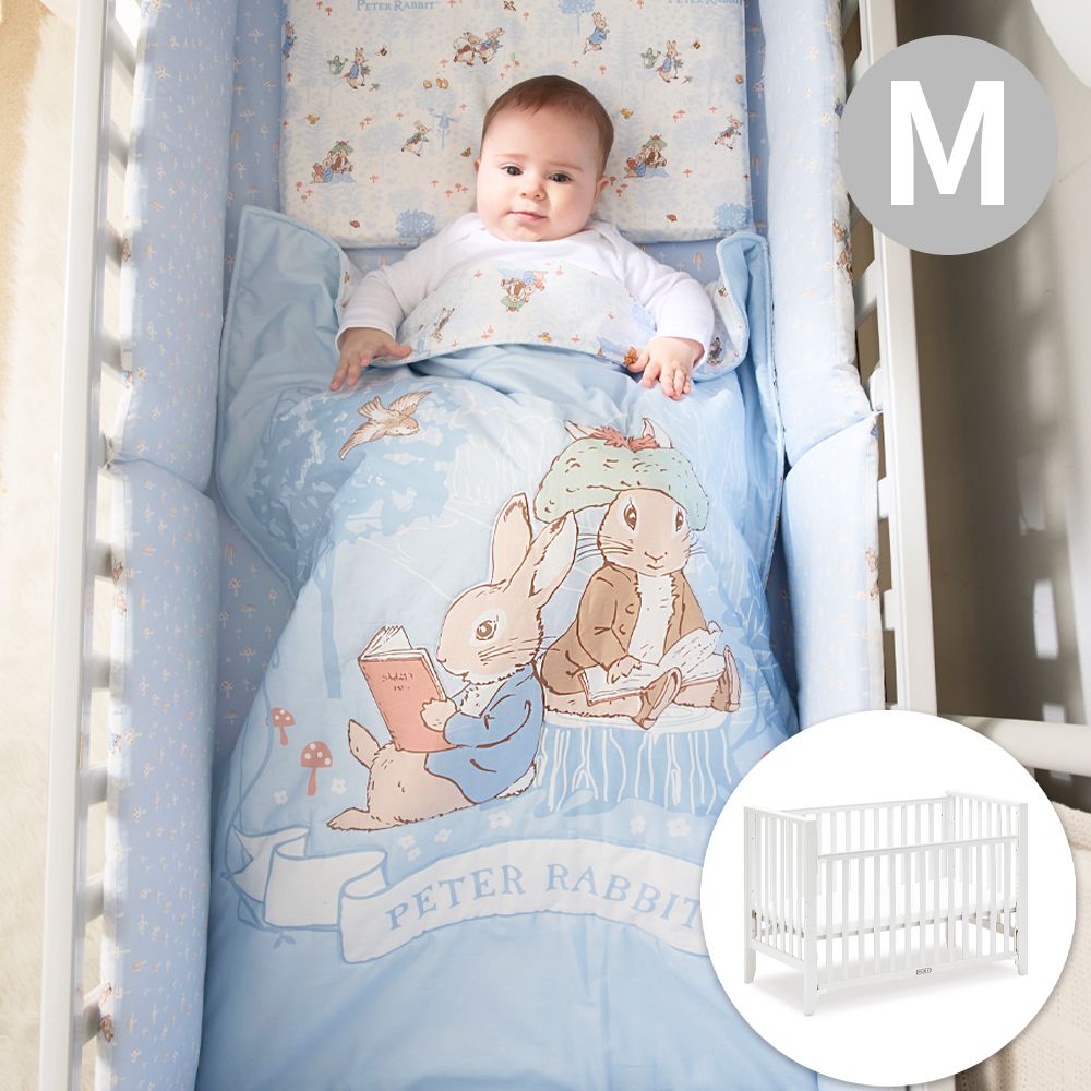 簡約淺灰色中床附床墊+悅讀比得兔中床四件床組/寢具組-M(嬰兒床 嬰兒床墊)-藍色