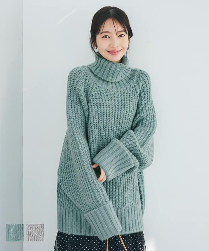 日本 COCA - 份量感高領寬鬆粗編織毛衣-淺灰