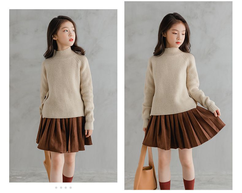 加厚半高領開衩長袖針織上衣-杏色