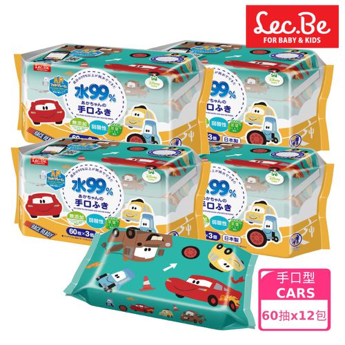 日本 LEC - 迪士尼口手專用純水99%濕紙巾-CARS-12包入箱購組-60抽X12包入