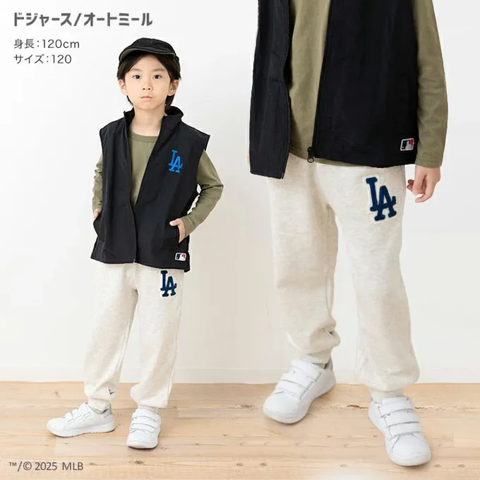 日本 Chil2 - MLB聯名 立體刺繡縮口長褲-洛杉磯道奇-燕麥