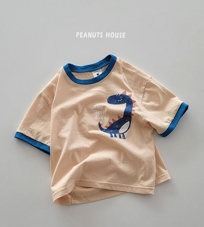 韓國 Peanuts House - 純棉印花圓領短袖上衣-橘恐龍-深藍