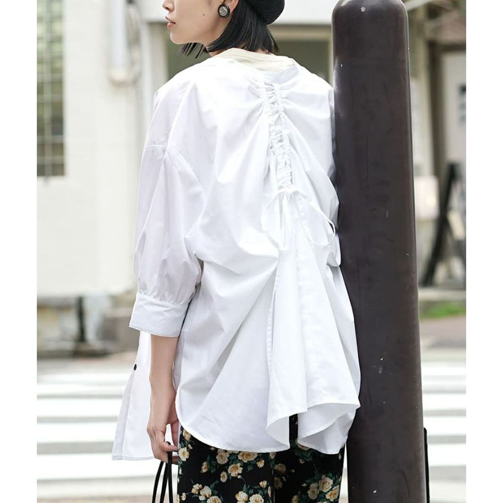 日本 zootie - 後抽繩設計圓領長版七分袖襯衫-白