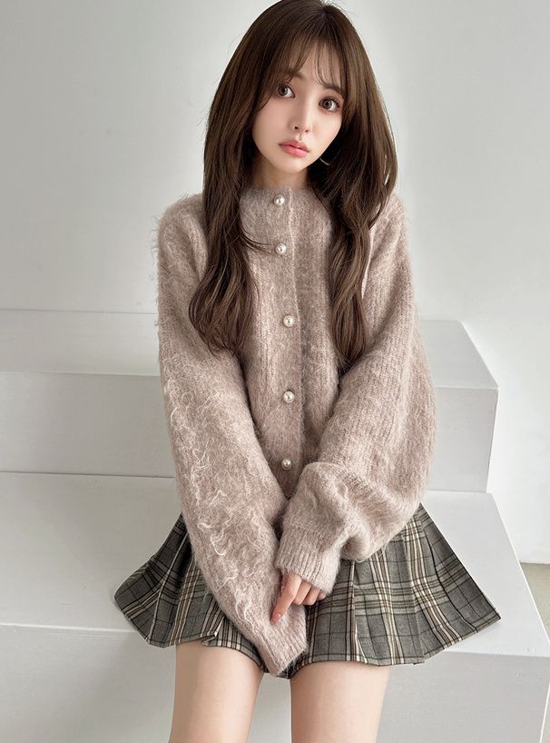 日本 GRL - 羊毛混溫柔珍珠釦針織外套-奶茶棕 (F)