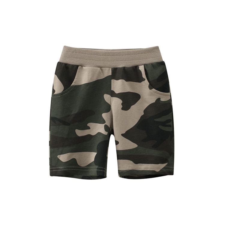 純棉腰鬆緊休閒五分褲-迷彩-卡其綠