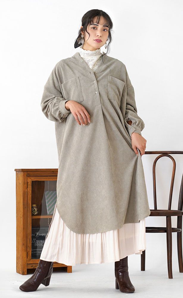 日本 zootie - 莫蘭迪燈芯絨長版襯衫洋裝-沙杏