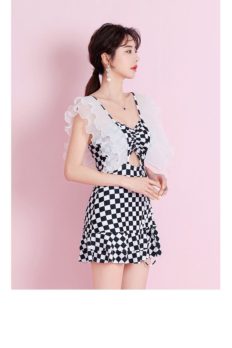 網紗荷葉格紋高腰連身泳衣-黑+白