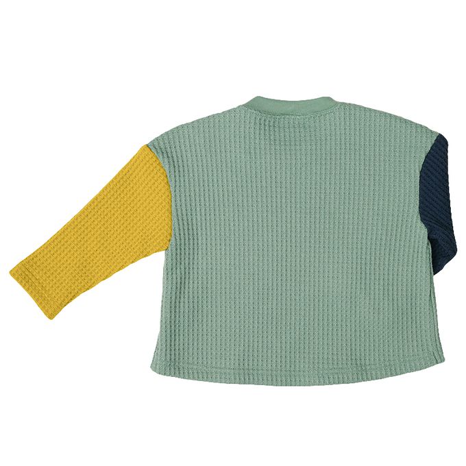 akachan honpo - 長袖裏起毛華夫格T恤-撞色袖-綠色