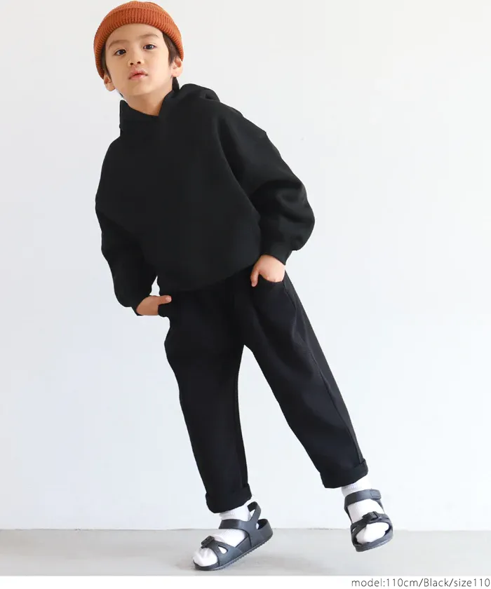 日本 COCA - fleece刷毛輕量寬鬆抽繩帽T-孩子-簡約黑