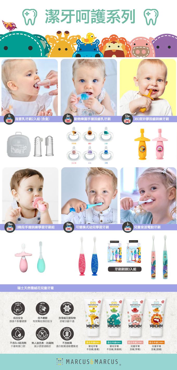 MARCUS＆MARCUS - 幼兒潔牙呵護含氟組(替換式牙刷+牙膏)-甜橘