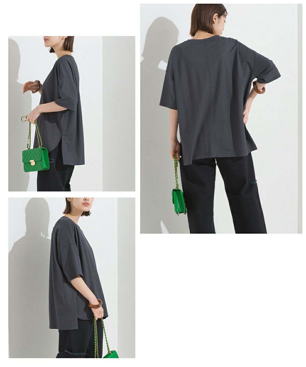 日本 OMNES - 涼感機能 簡約圓領五分袖上衣-摩卡