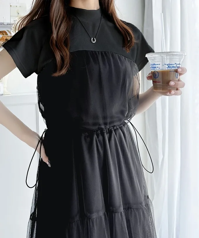 日本 Classical Elf - 顯瘦抽繩薄紗拼接法式袖洋裝-白黑