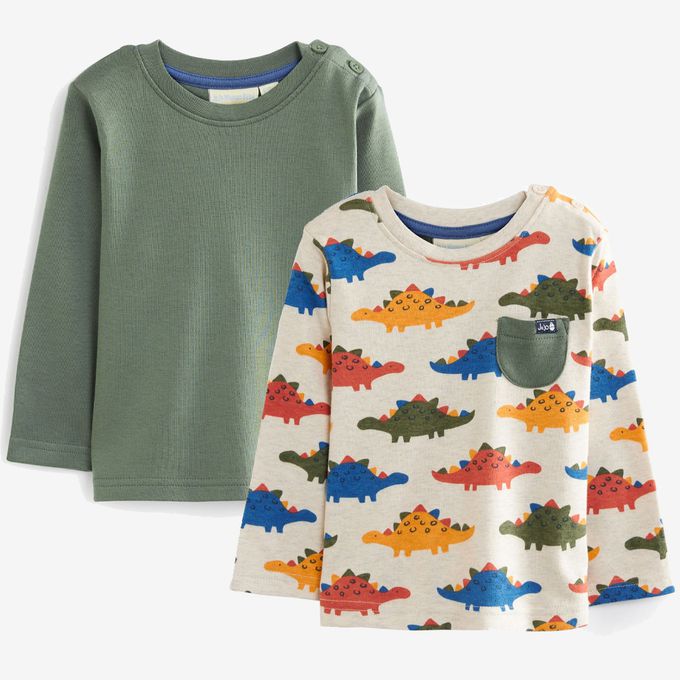 英國 JoJo Maman BeBe - 幼/兒童100%純棉長袖上衣 2 件組(可當內搭)-彩虹恐龍
