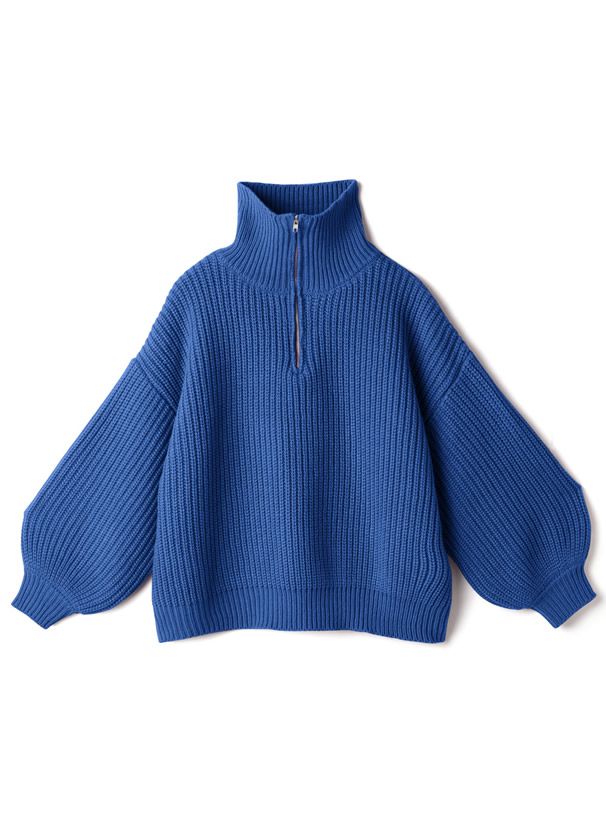 日本 GRL - 率性拉鍊領氣球袖針織上衣-深咖啡 (F)