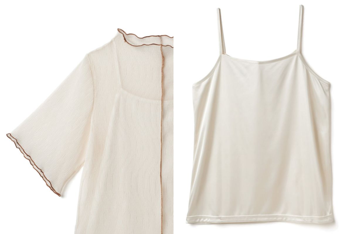 日本 GRL - 復古木耳滾邊透膚短袖上衣(附內裡)-奶油杏