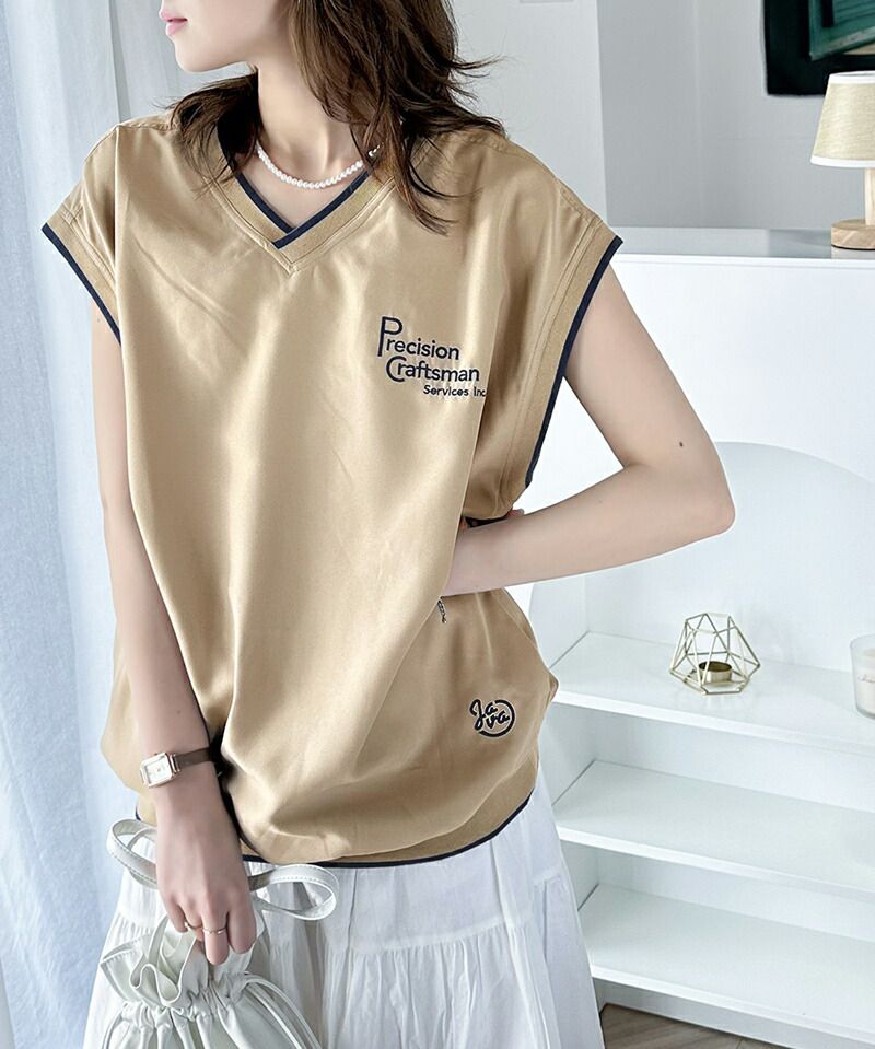 日本 Classical Elf - 英文刺繡百搭無袖上衣/背心-深藍