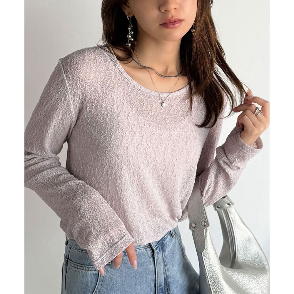 網狀蕾絲透膚圓領長袖上衣-淺灰粉