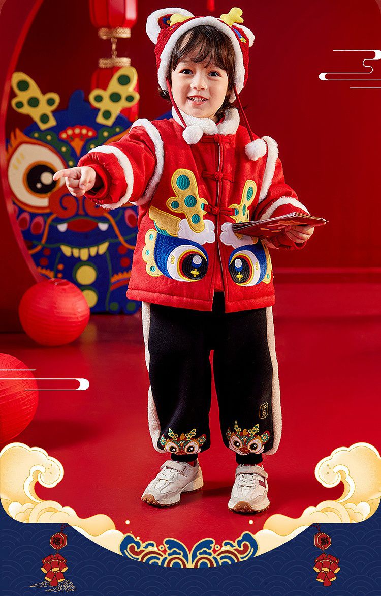 喜氣拜年毛絨暖暖盤扣外套-福雲龍寶寶-紅色