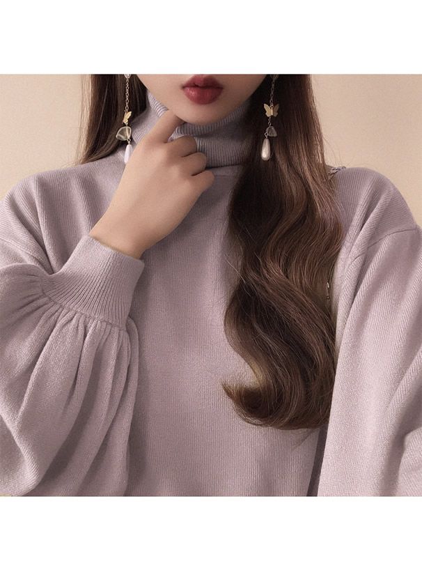 日本 GRL - 高領澎澎袖寬鬆針織上衣-米