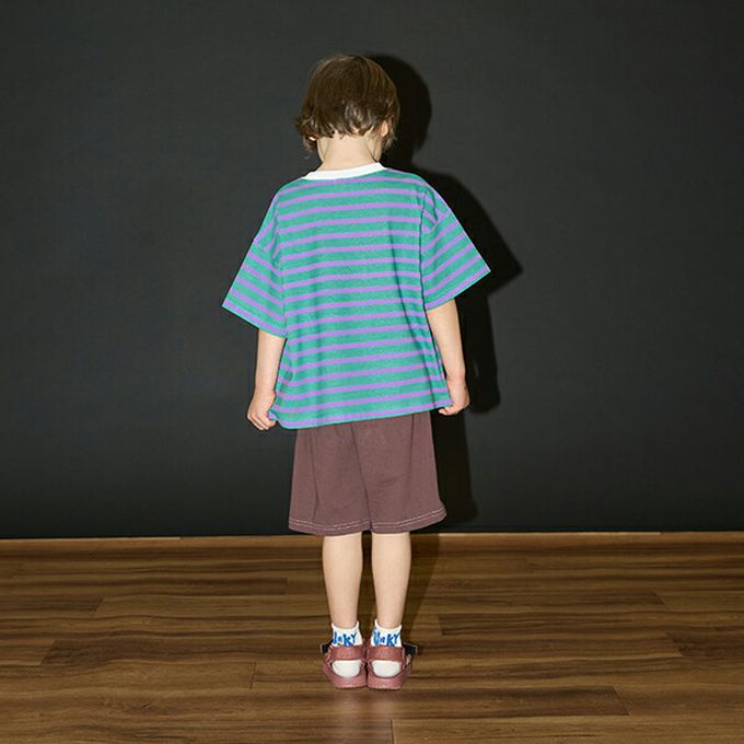 日本 b-ROOM - 柔軟不易皺條紋落肩短袖上衣-紅x深藍